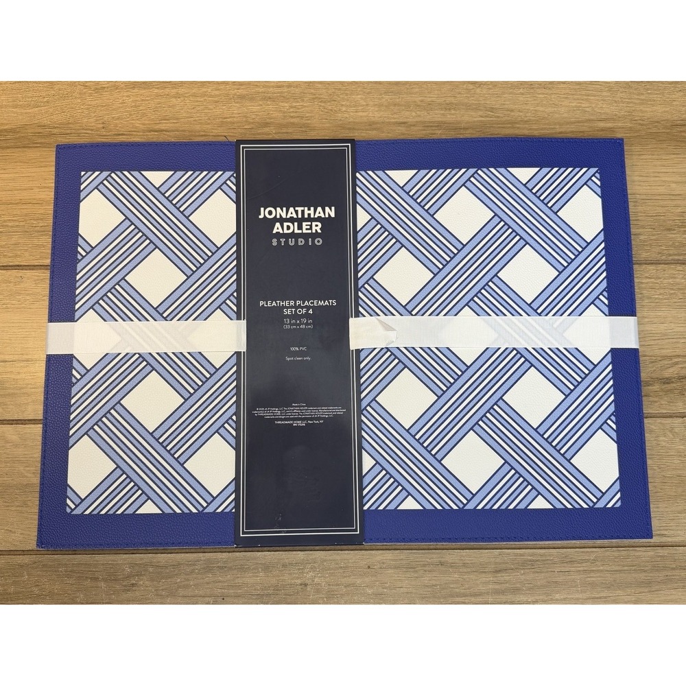 Jonathan Adler Studio Placemats Set of 4 Pleather 13 x 9 Preppy Blue White NWT